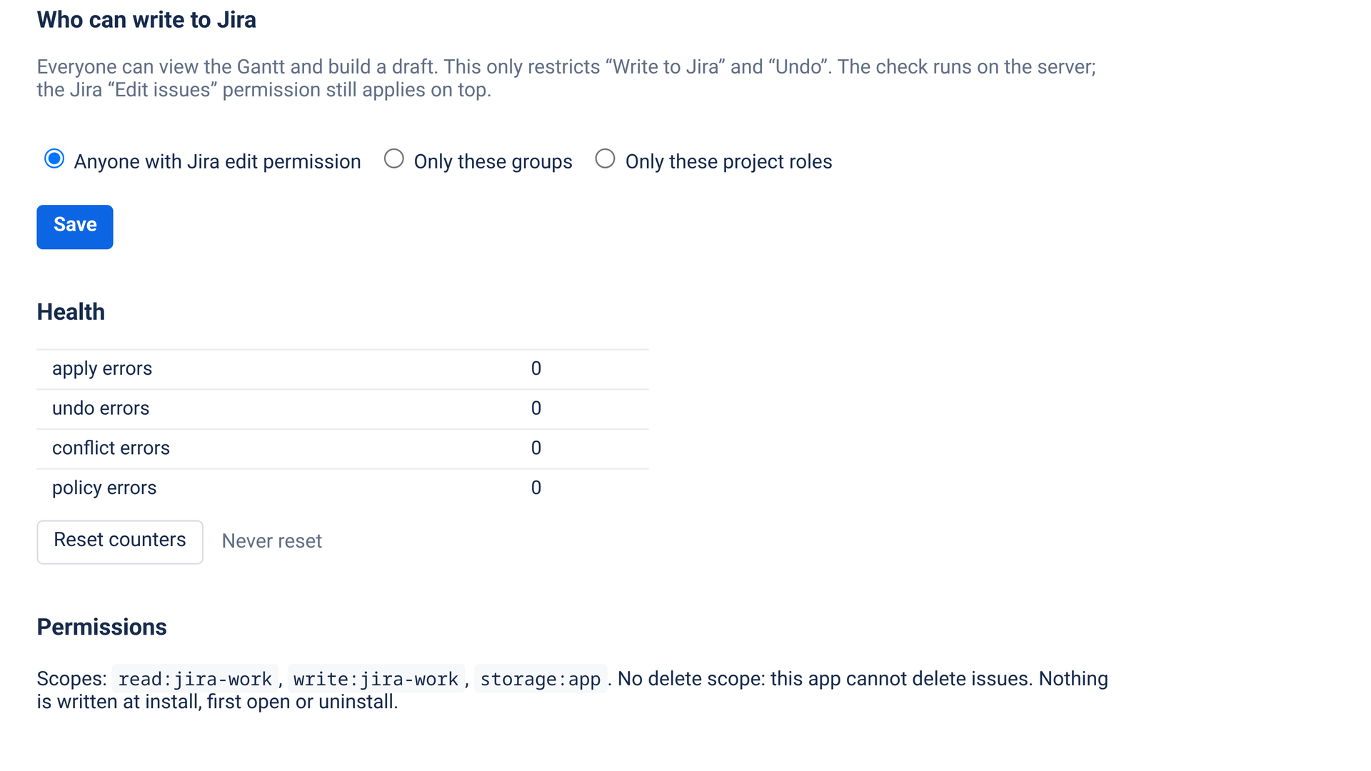 Settings page, Permissions section: four scopes, no delete scope, nothing written at install