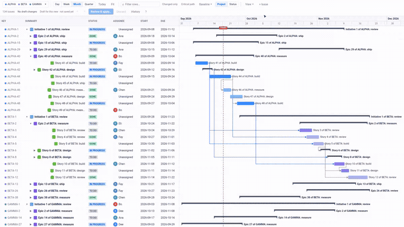 Dragging a bar: dependent tasks follow, ghosts show the original dates